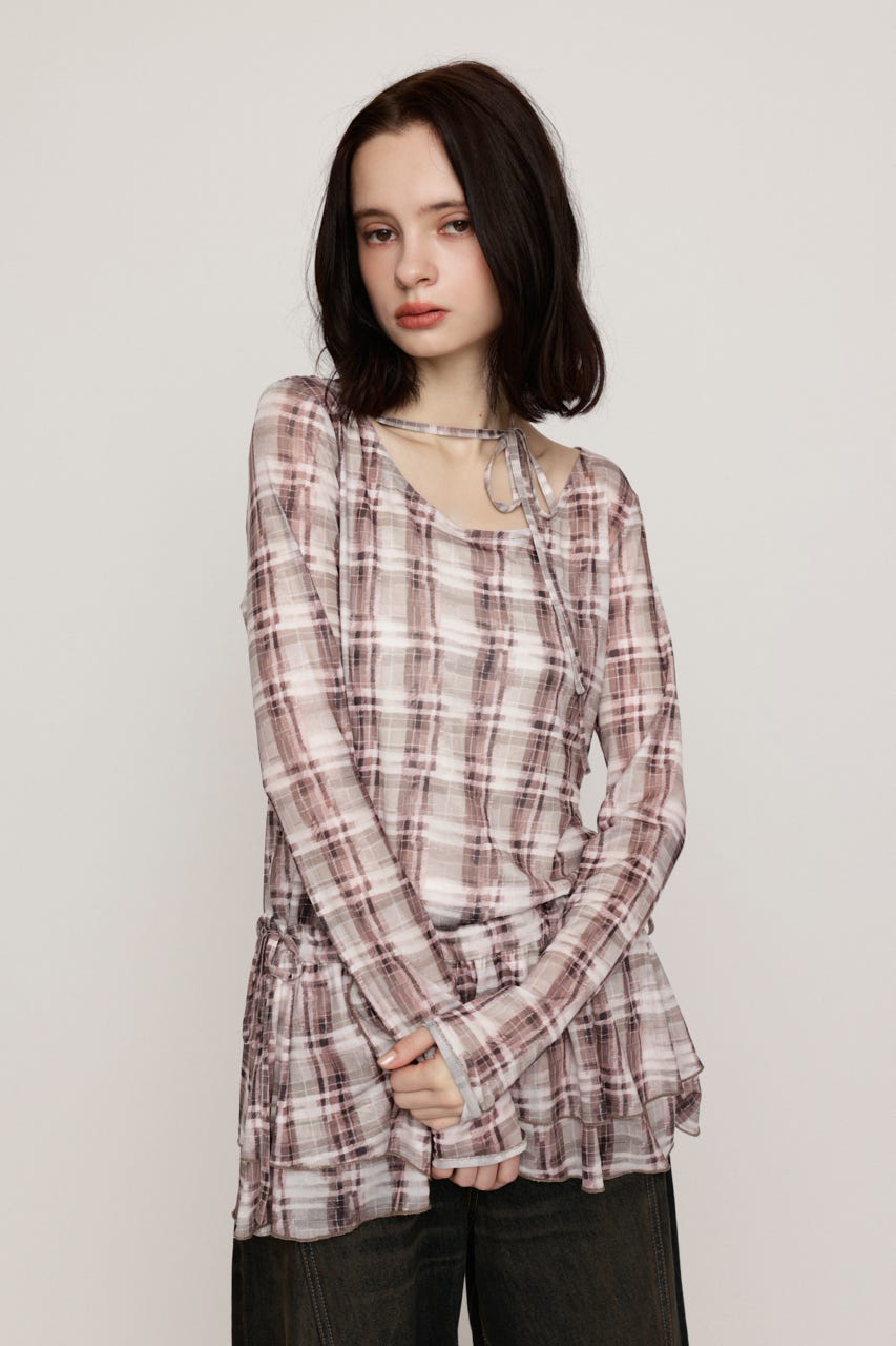 SHEER CHECK FRILL チュニック M/BRN FREE
