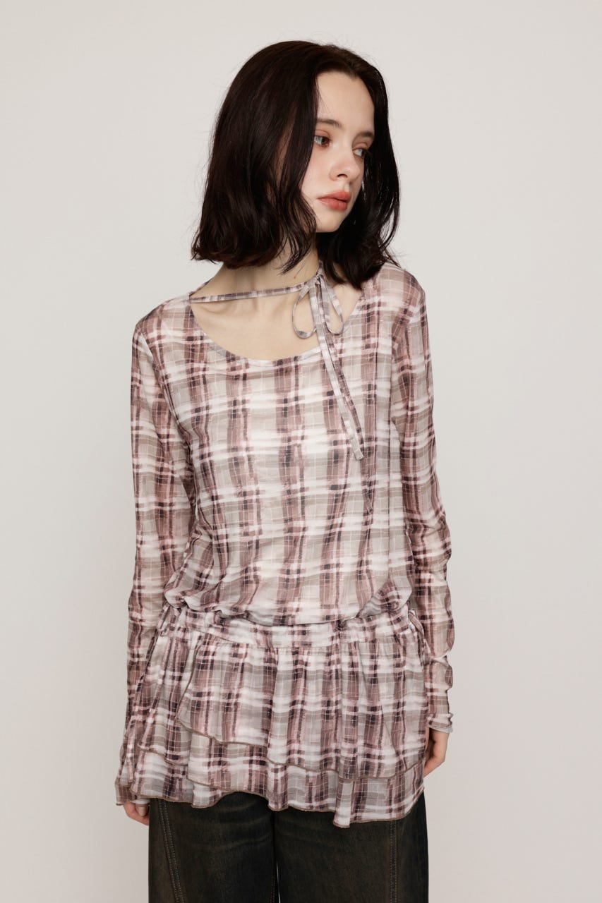 SHEER CHECK FRILL チュニック M/BRN FREE