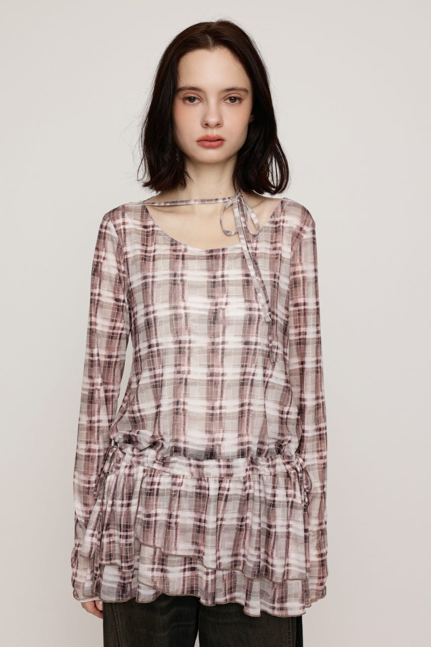 SHEER CHECK FRILL チュニック M/BRN FREE
