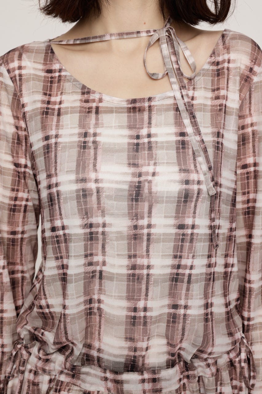 SHEER CHECK FRILL チュニック M/BRN FREE