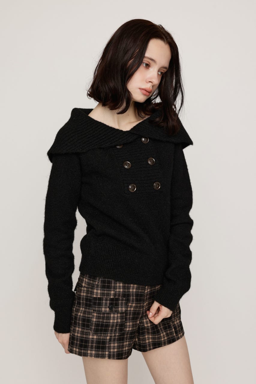 DOUBLE BUTTON OFF SHOULDER トップス BLK FREE