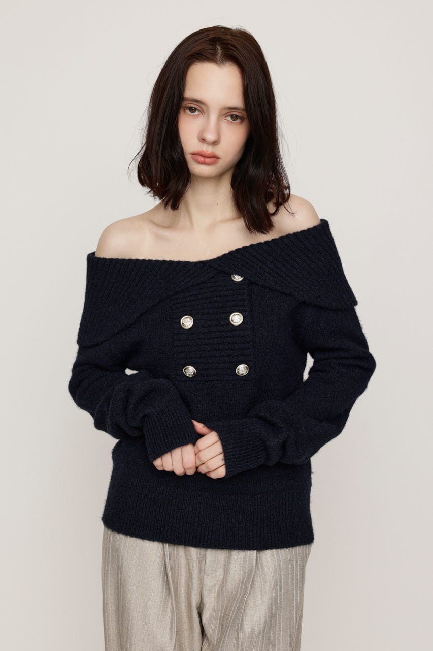 DOUBLE BUTTON OFF SHOULDER トップス NVY FREE