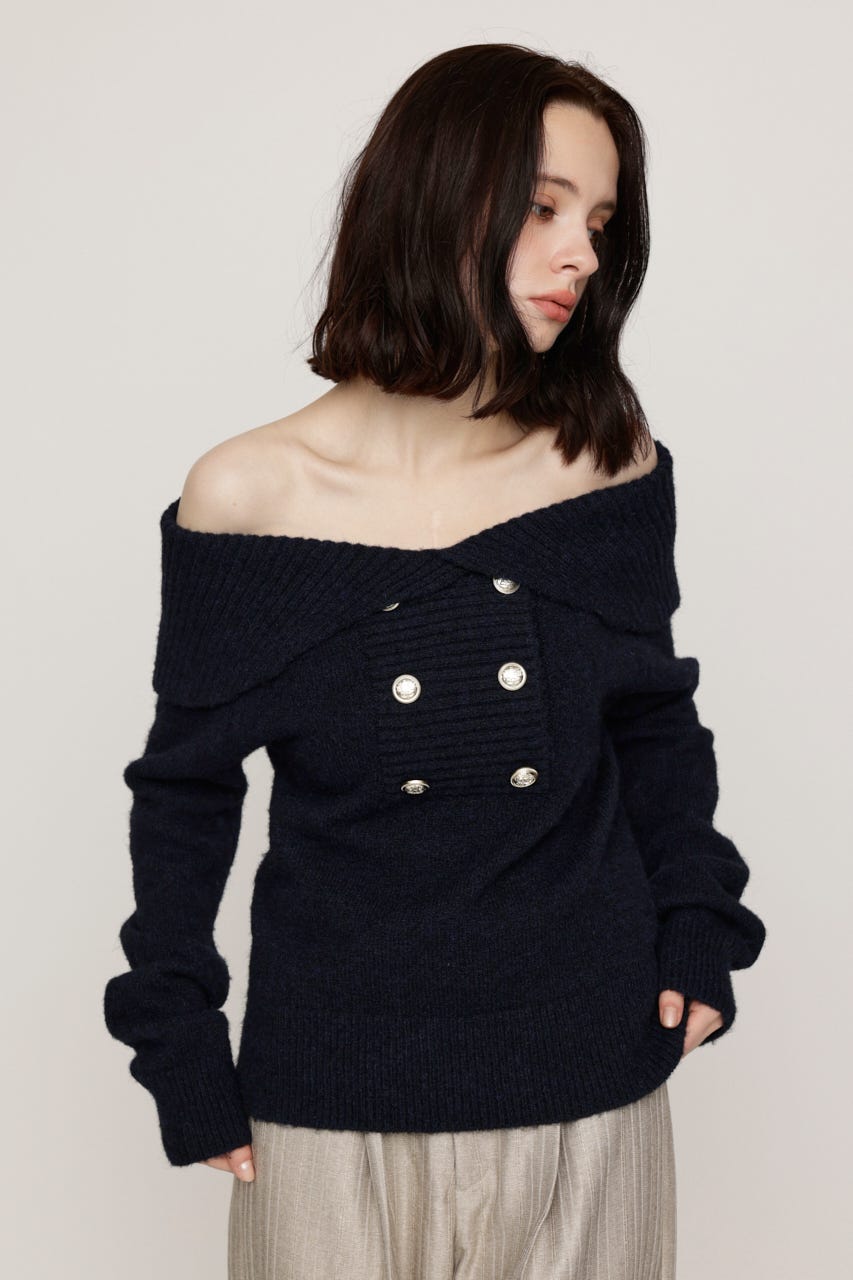 DOUBLE BUTTON OFF SHOULDER トップス NVY FREE