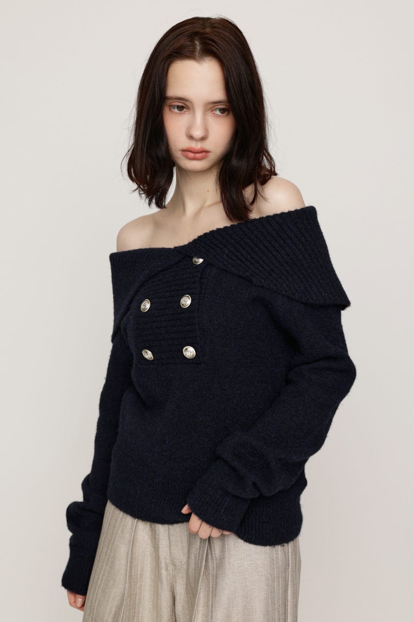 DOUBLE BUTTON OFF SHOULDER トップス NVY FREE