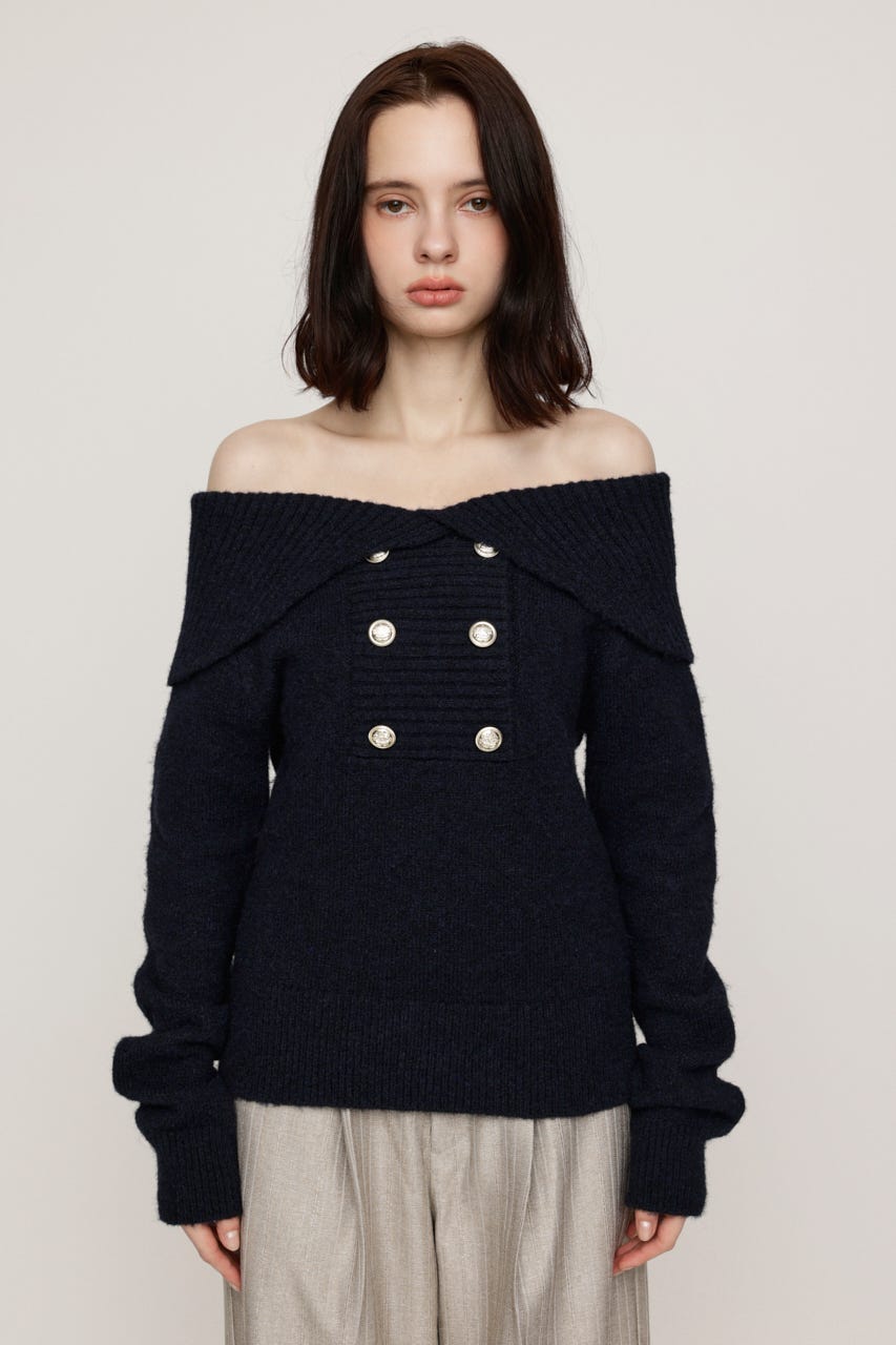 DOUBLE BUTTON OFF SHOULDER トップス NVY FREE