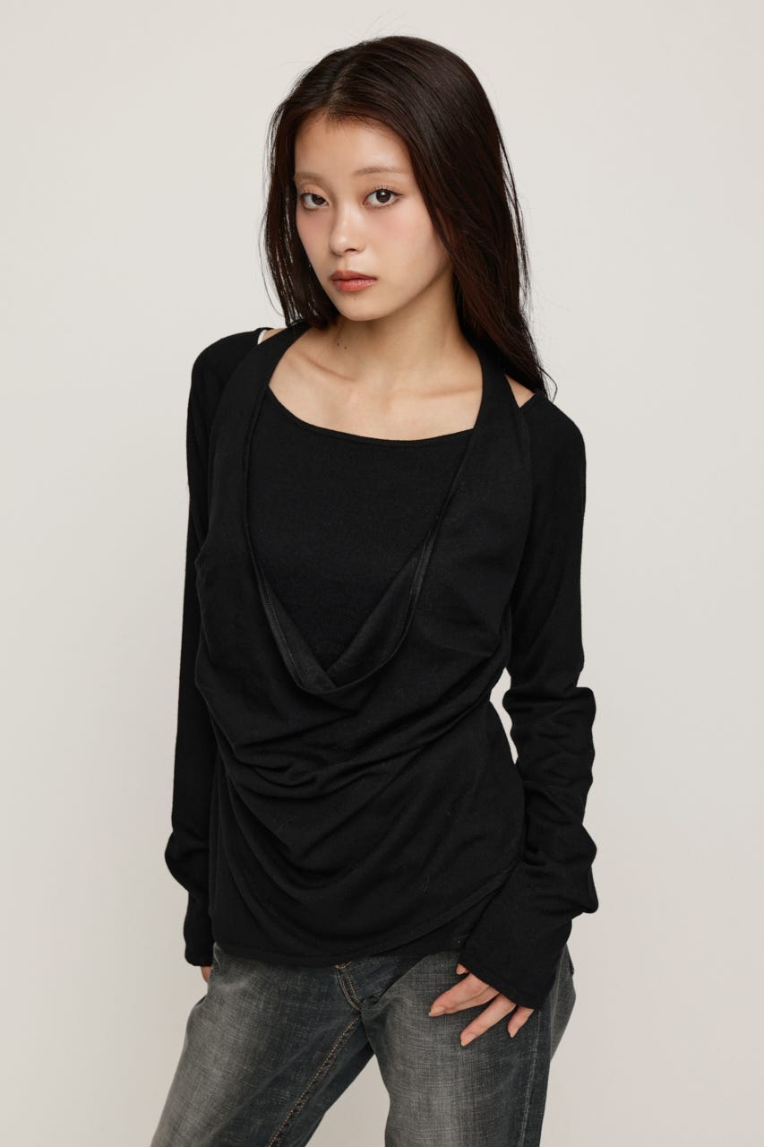 HALTER LAYERED COWL NECK トップス BLK FREE