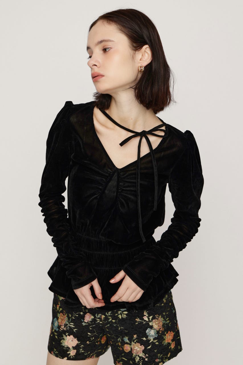 【AW PRE ORDER 第2弾】SHEER VELOUR SHIRRING トップス BLK FREE
