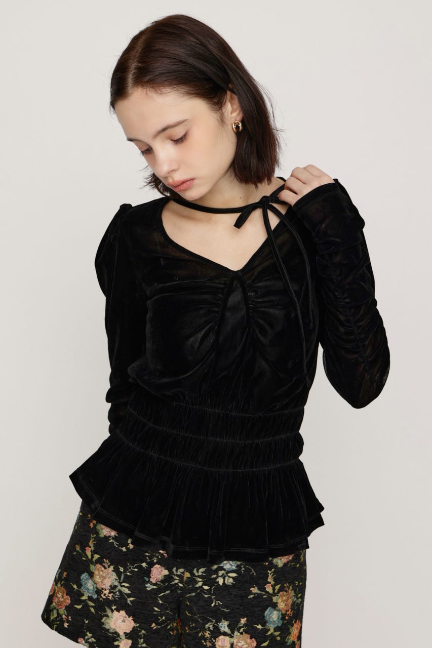 【AW PRE ORDER 第2弾】SHEER VELOUR SHIRRING トップス BLK FREE