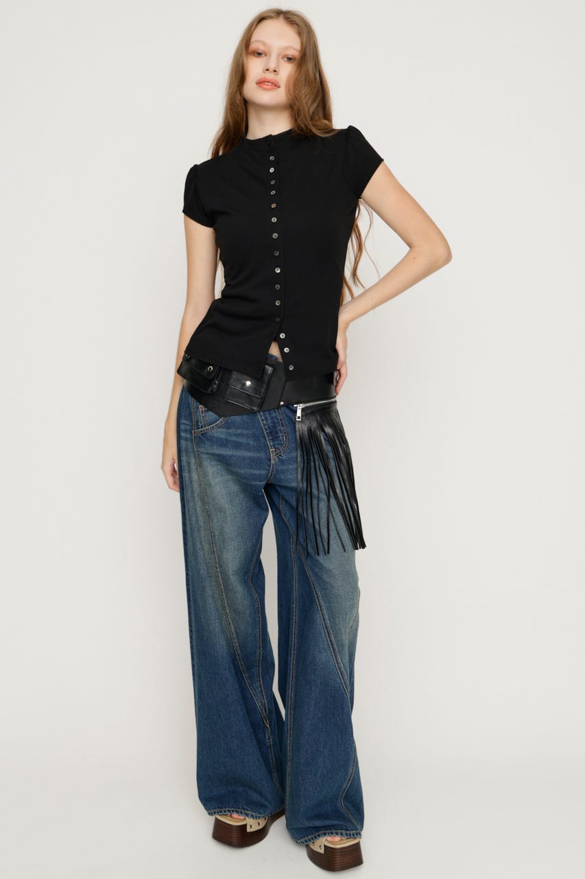 BUTTON LINE CAP S／L トップス BLK FREE