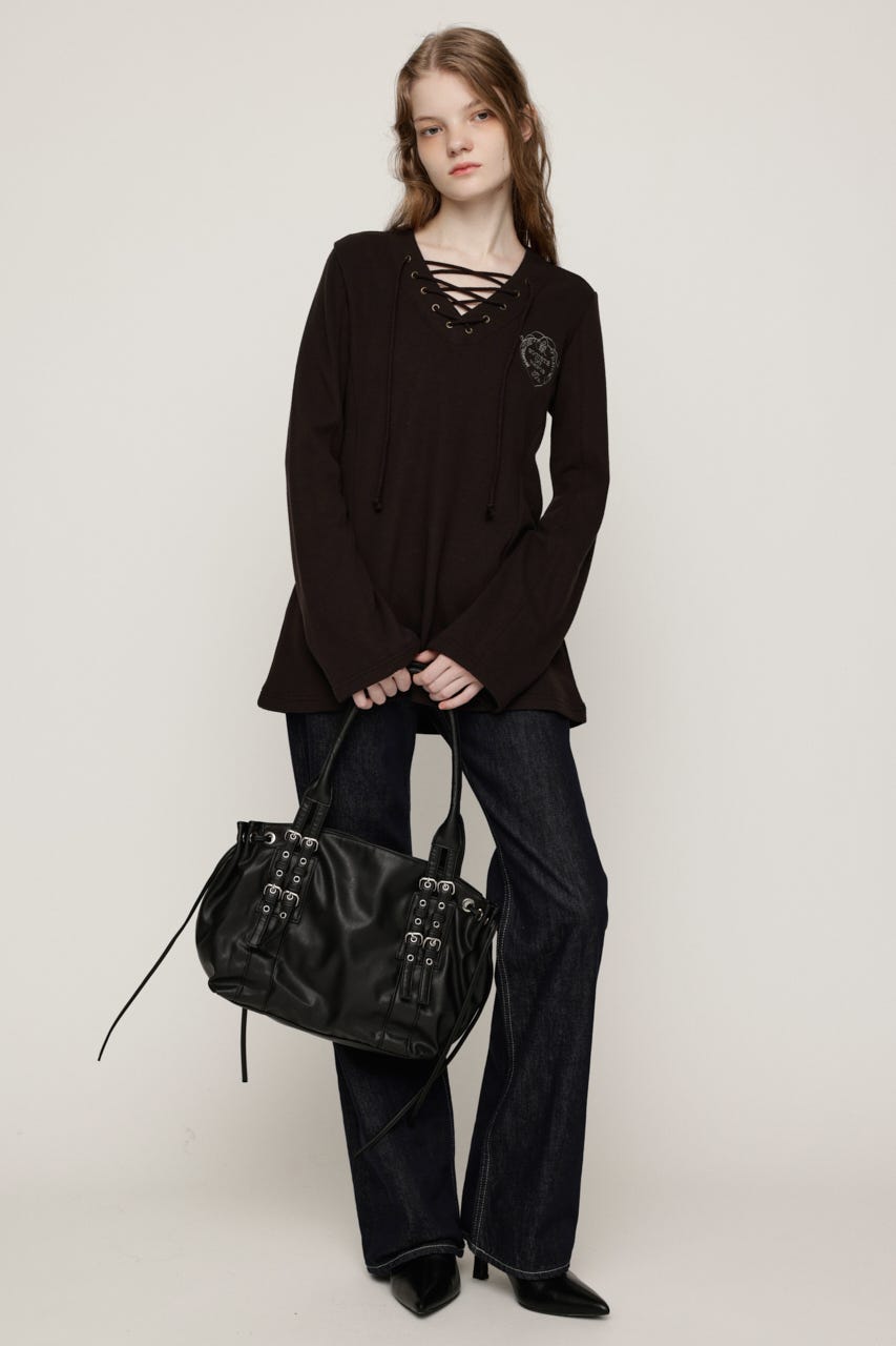EMBROIDERY LACEUP トップス L/BLK FREE