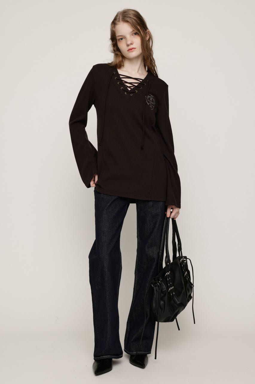 EMBROIDERY LACEUP トップス L/BLK FREE