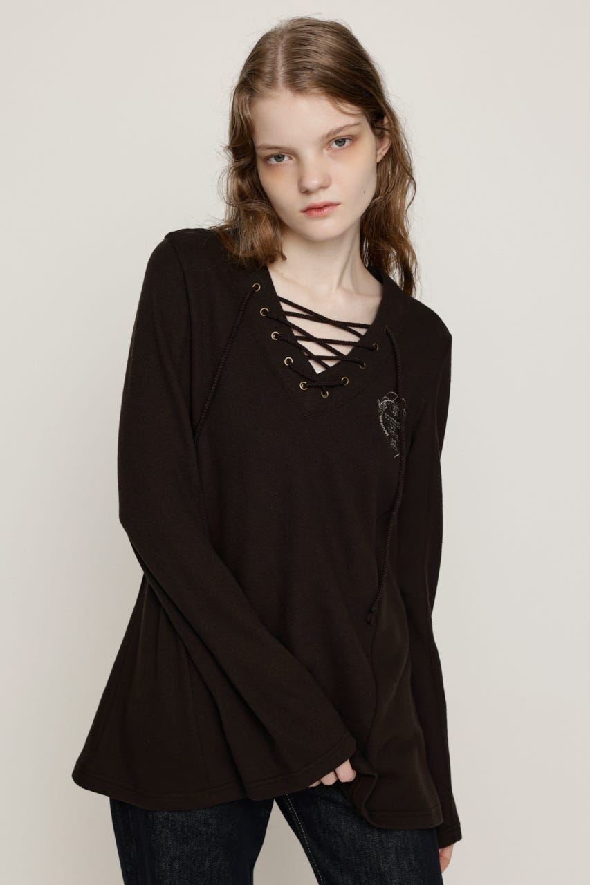 EMBROIDERY LACEUP トップス L/BLK FREE