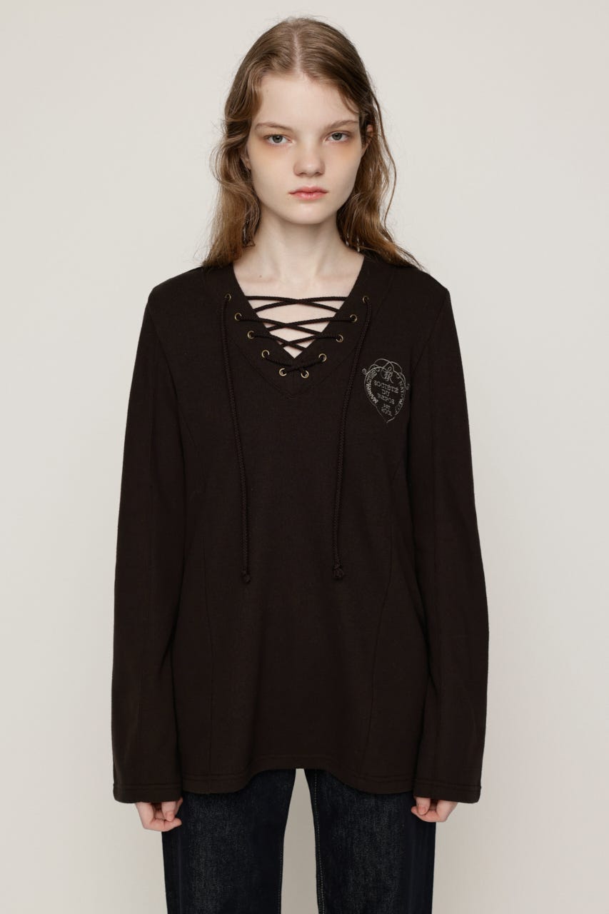 EMBROIDERY LACEUP トップス L/BLK FREE