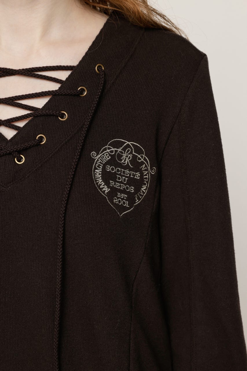 EMBROIDERY LACEUP トップス L/BLK FREE