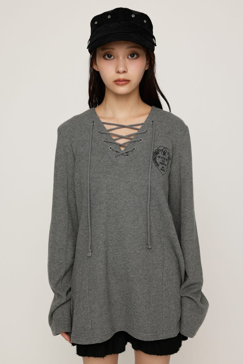 EMBROIDERY LACEUP トップス T.GRY FREE