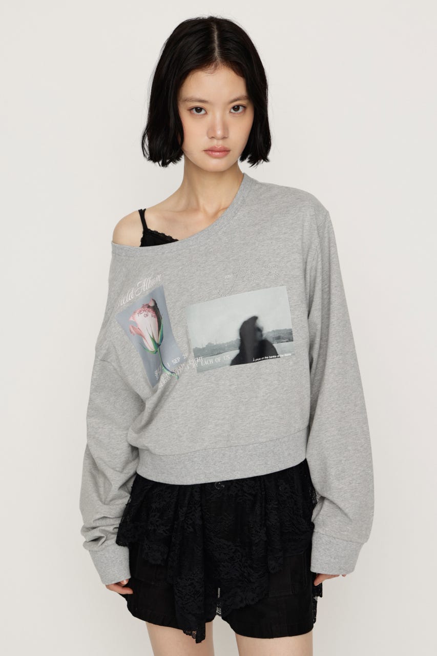 ONE SHOULDER MIX GRAPHIC トップス T.GRY FREE