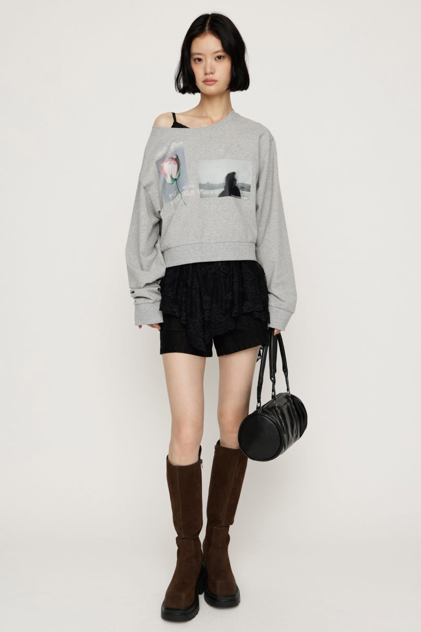 ONE SHOULDER MIX GRAPHIC トップス T.GRY FREE