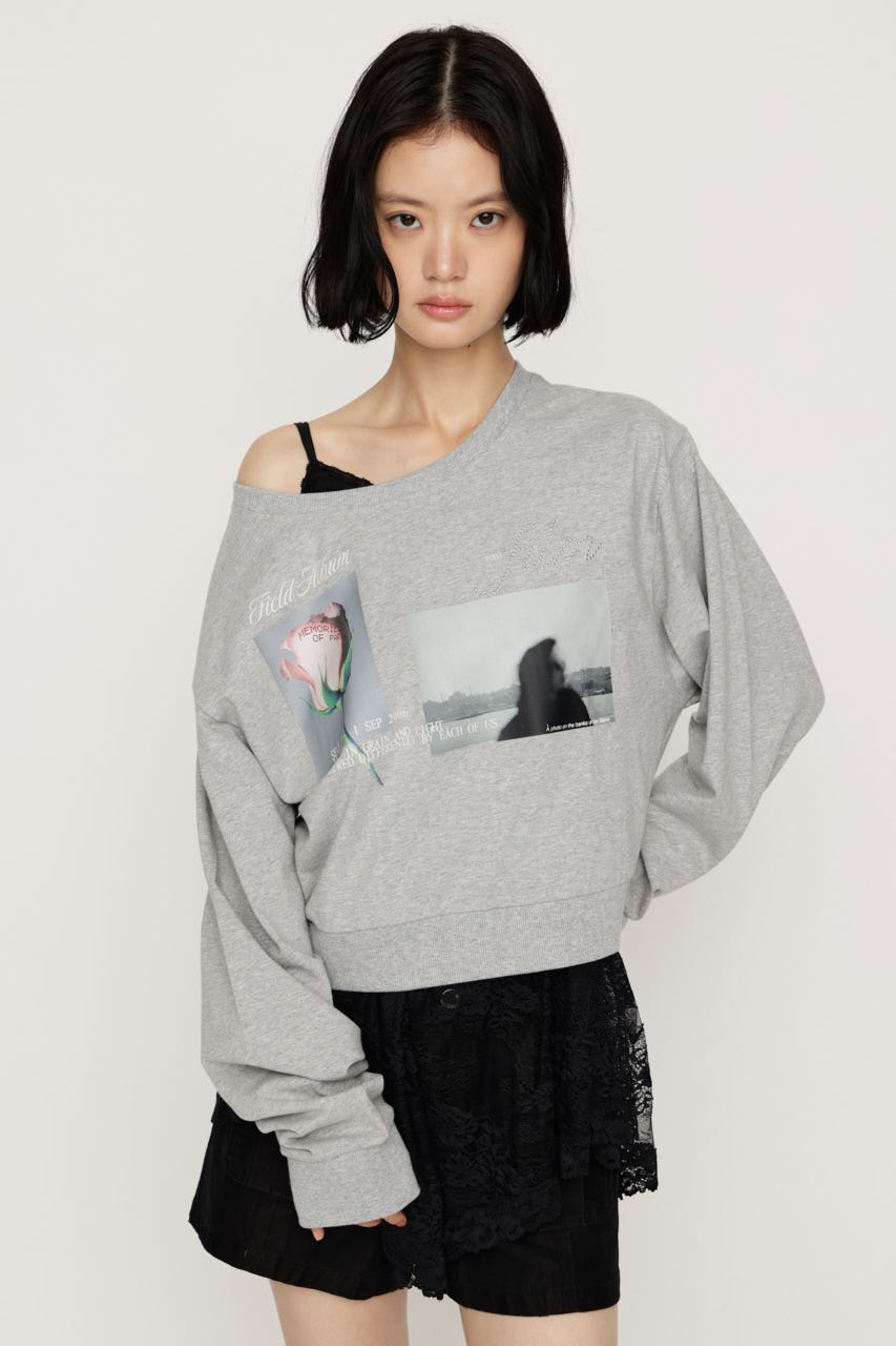ONE SHOULDER MIX GRAPHIC トップス T.GRY FREE