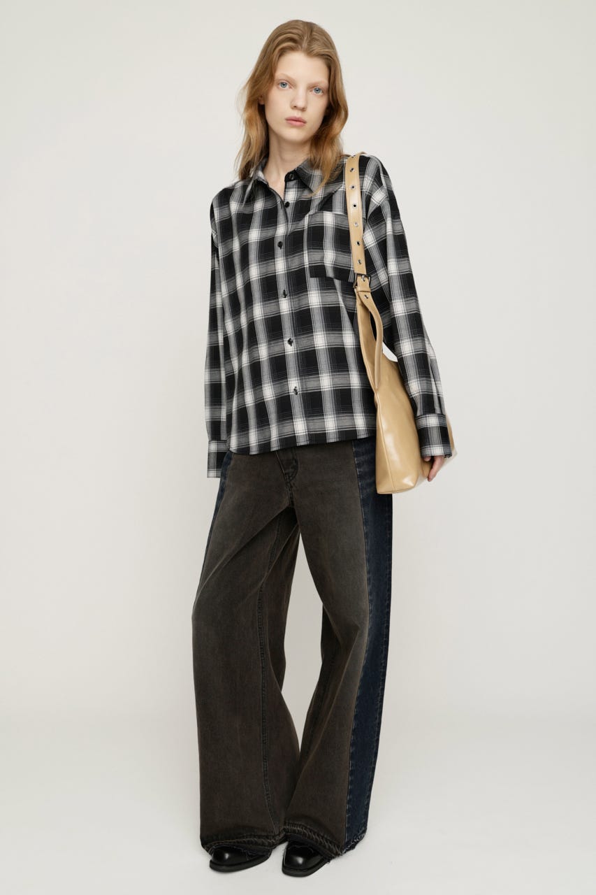 LOOSE CHECK シャツ M/BLK FREE
