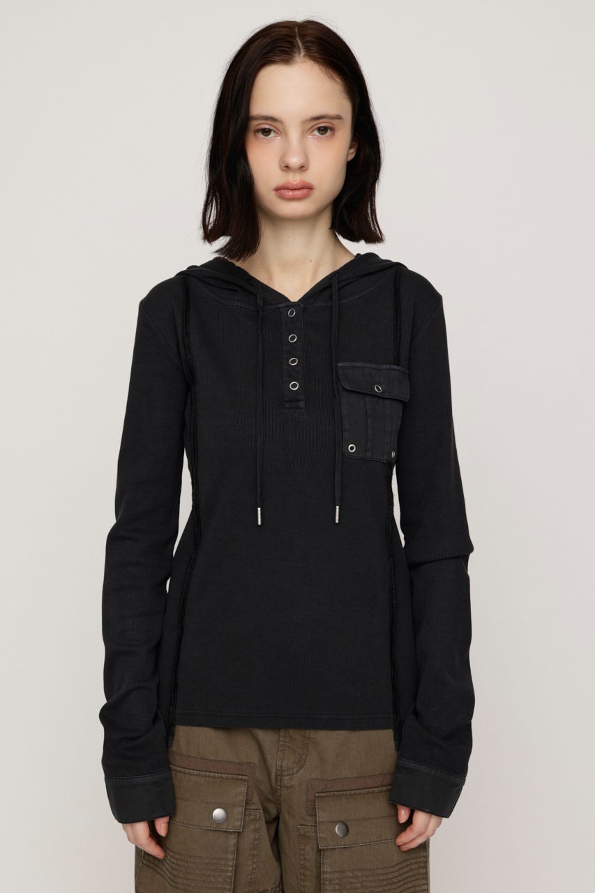 HENLEY HOOD トップス BLK FREE