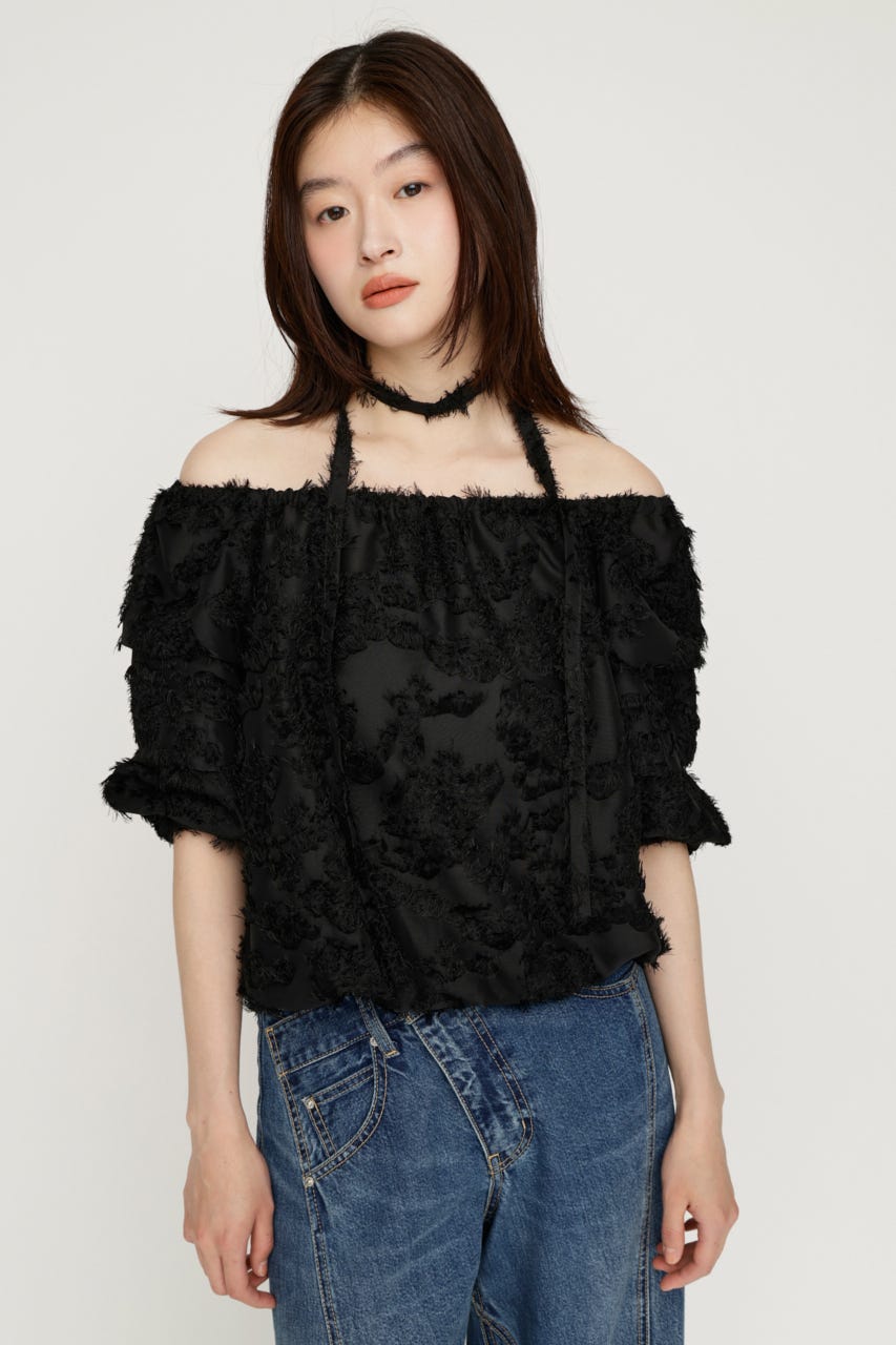 TUCK SLEEVE OFFSHOULDER トップス BLK FREE