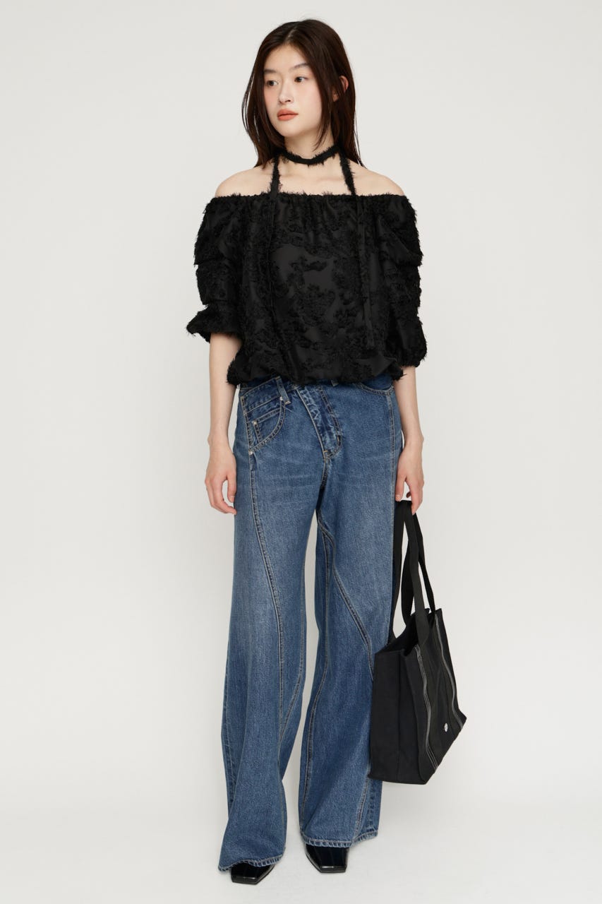 TUCK SLEEVE OFFSHOULDER トップス BLK FREE