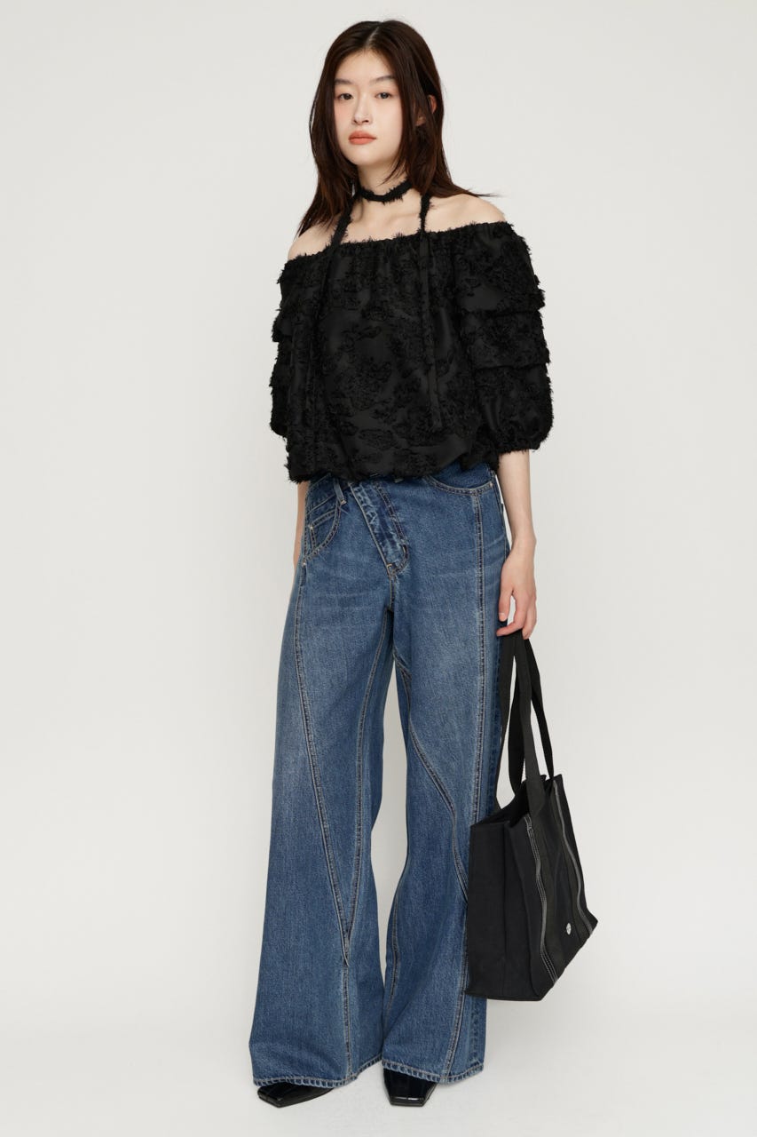 TUCK SLEEVE OFFSHOULDER トップス BLK FREE