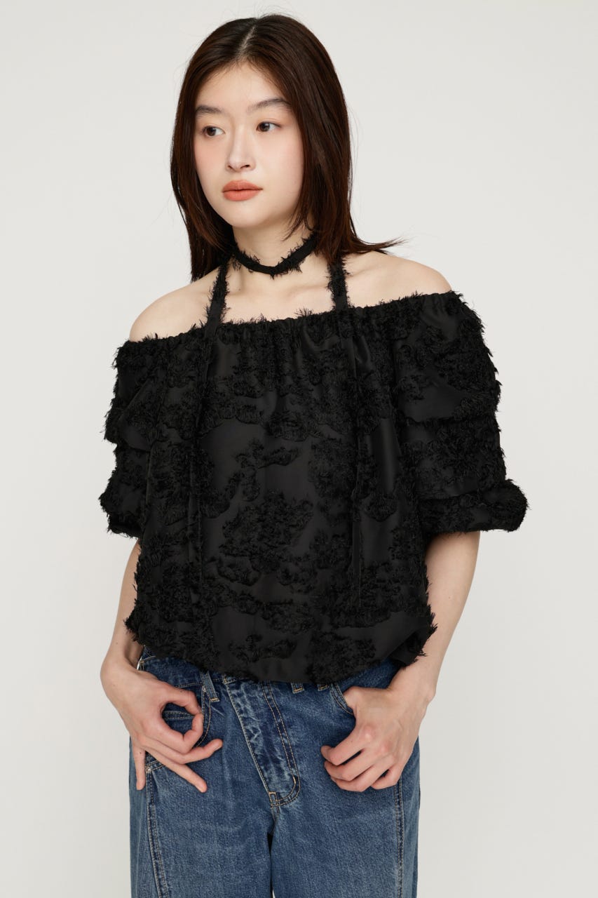 TUCK SLEEVE OFFSHOULDER トップス BLK FREE