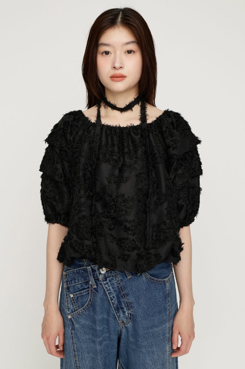 TUCK SLEEVE OFFSHOULDER トップス BLK FREE