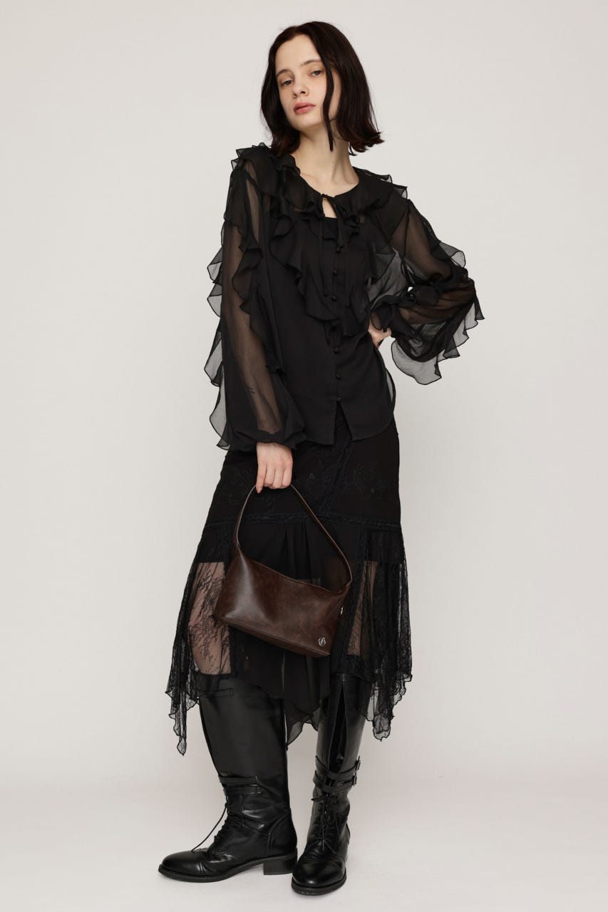 RIBBON FRILL ブラウス BLK FREE