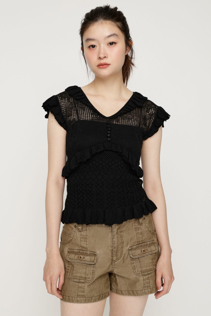 CROCHET FRILL トップス BLK FREE