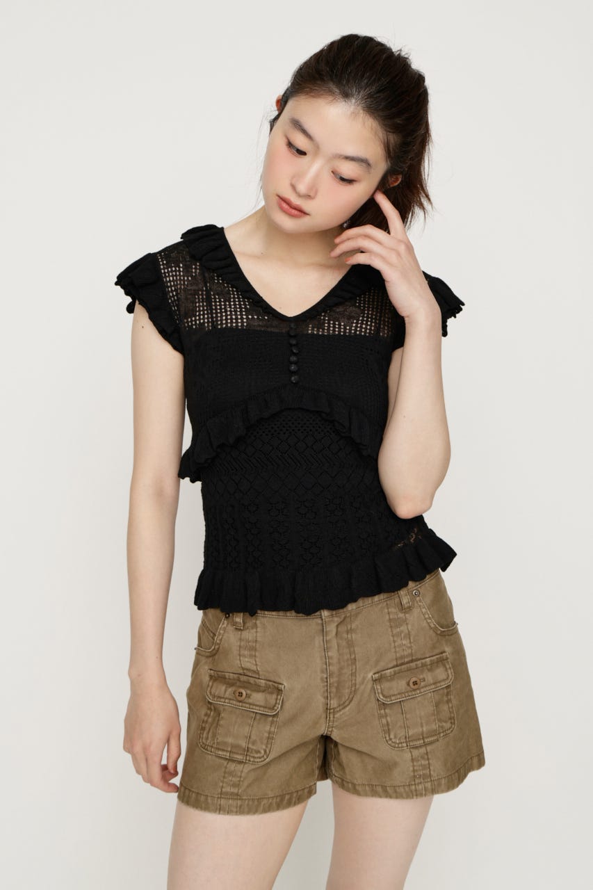 CROCHET FRILL トップス BLK FREE