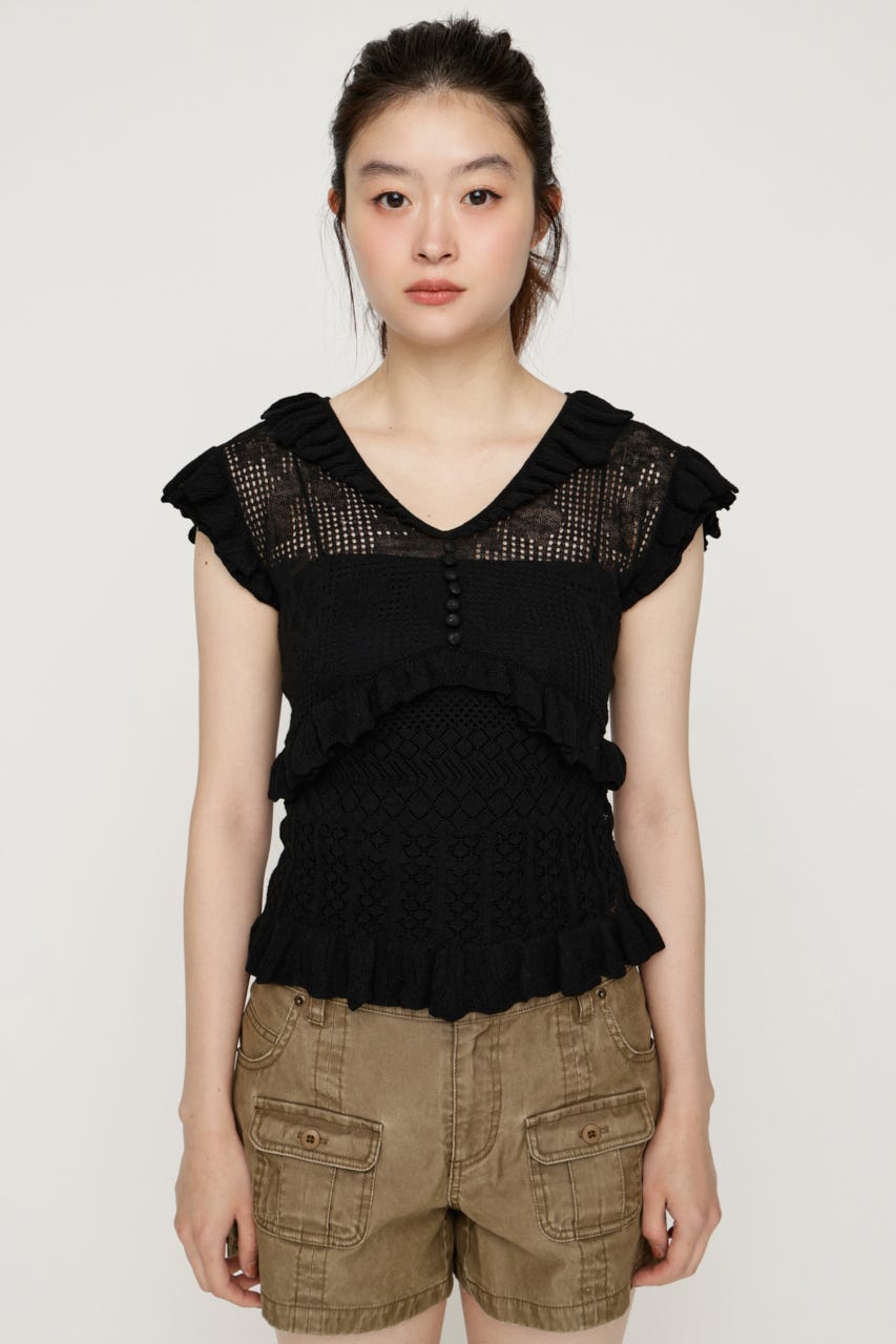 CROCHET FRILL トップス BLK FREE