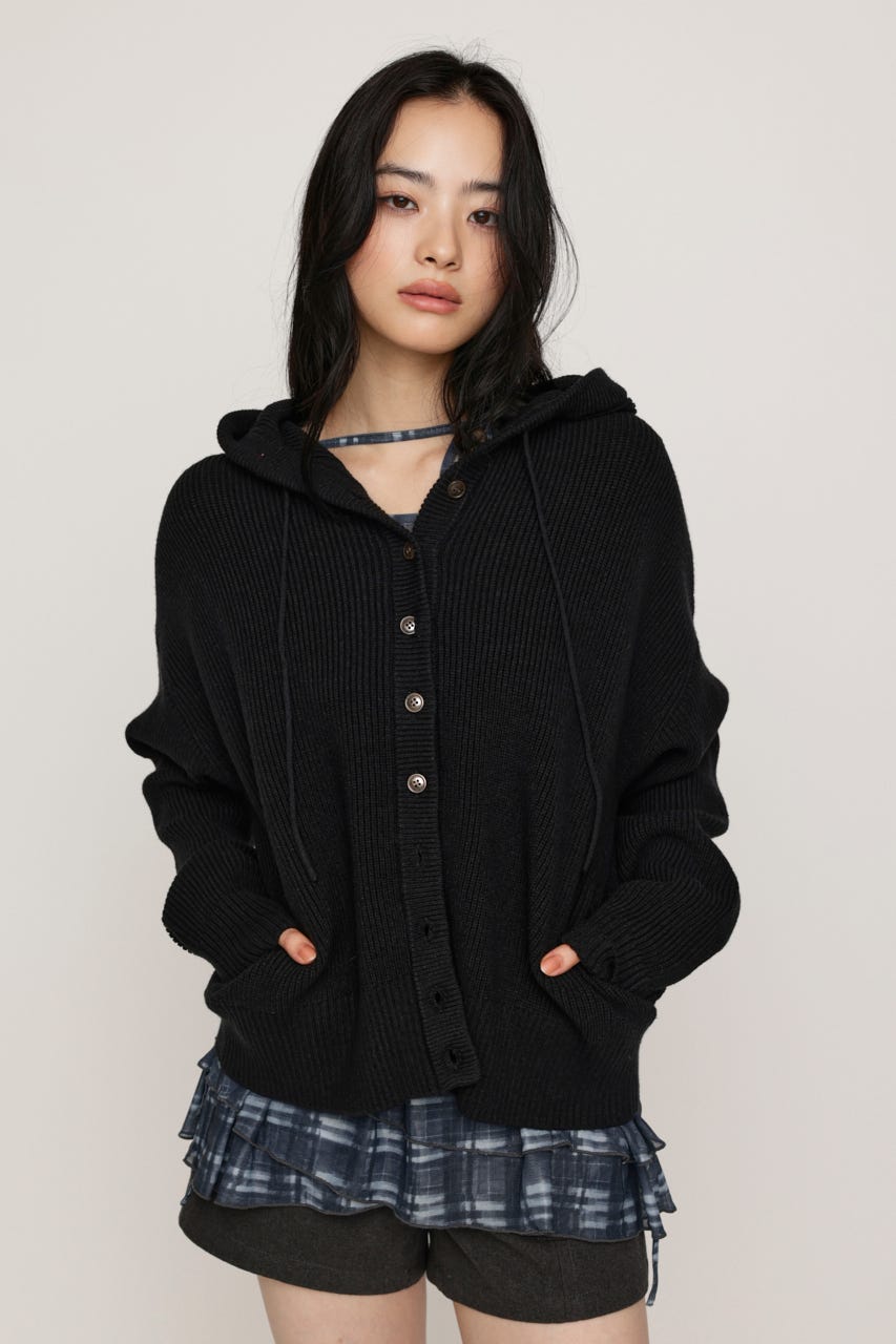 KNIT BUTTON HOODIE BLK FREE
