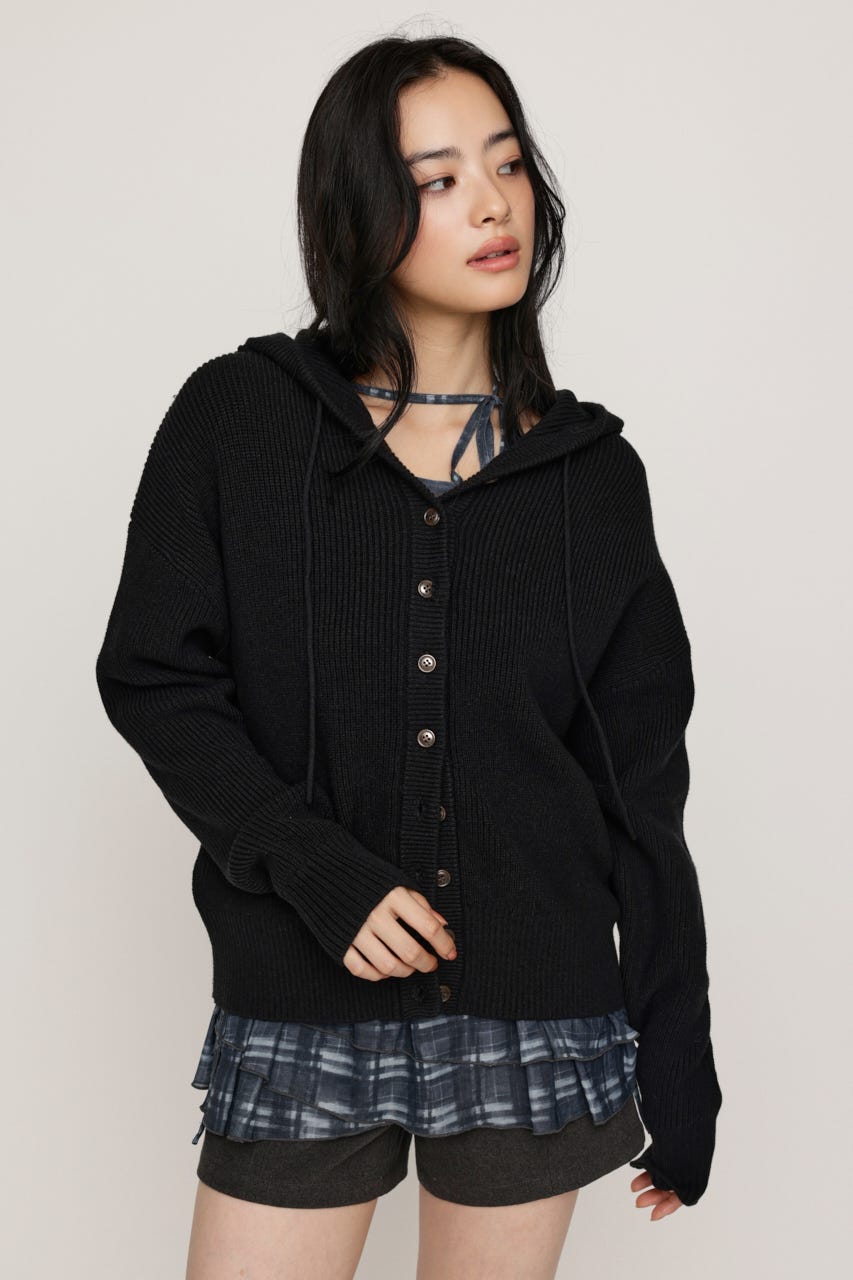 KNIT BUTTON HOODIE BLK FREE