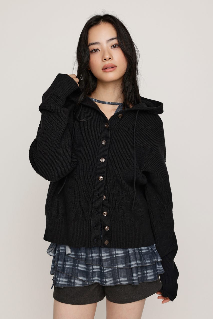 KNIT BUTTON HOODIE BLK FREE