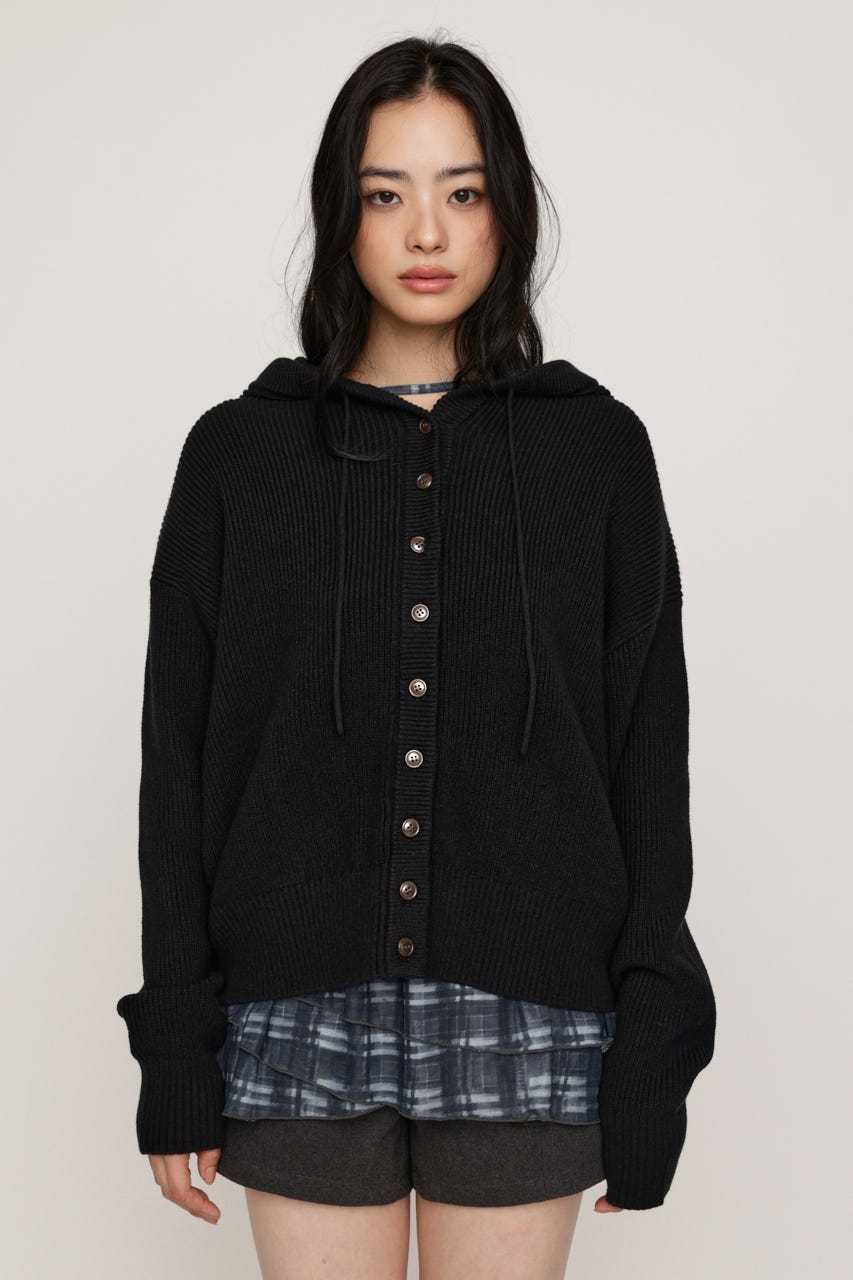 KNIT BUTTON HOODIE BLK FREE