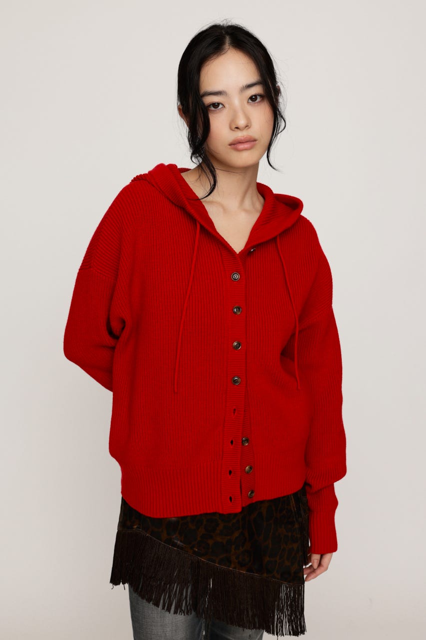 KNIT BUTTON HOODIE RED FREE