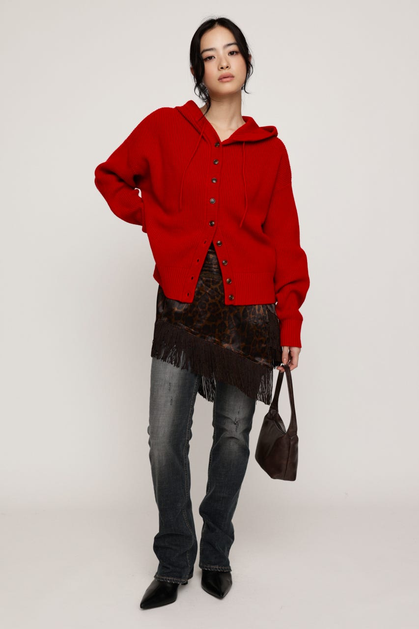 KNIT BUTTON HOODIE RED FREE