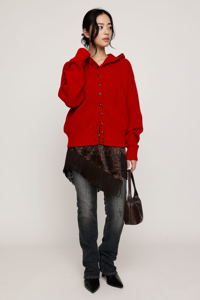 KNIT BUTTON HOODIE RED FREE