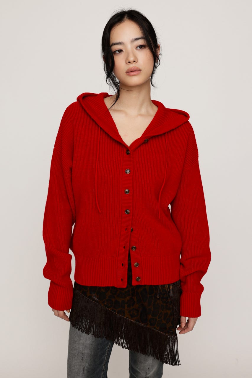 KNIT BUTTON HOODIE RED FREE