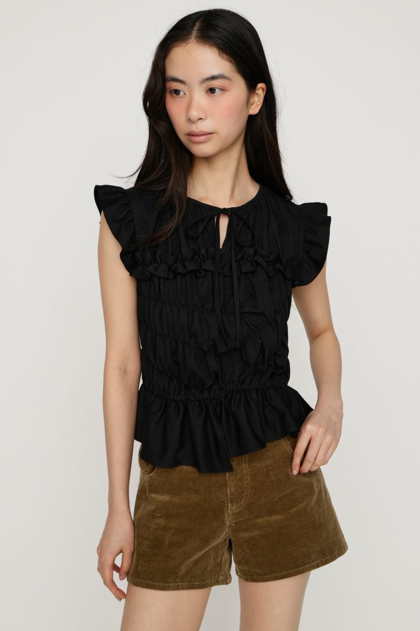 ASYMMETRY SHIRRING トップス BLK FREE