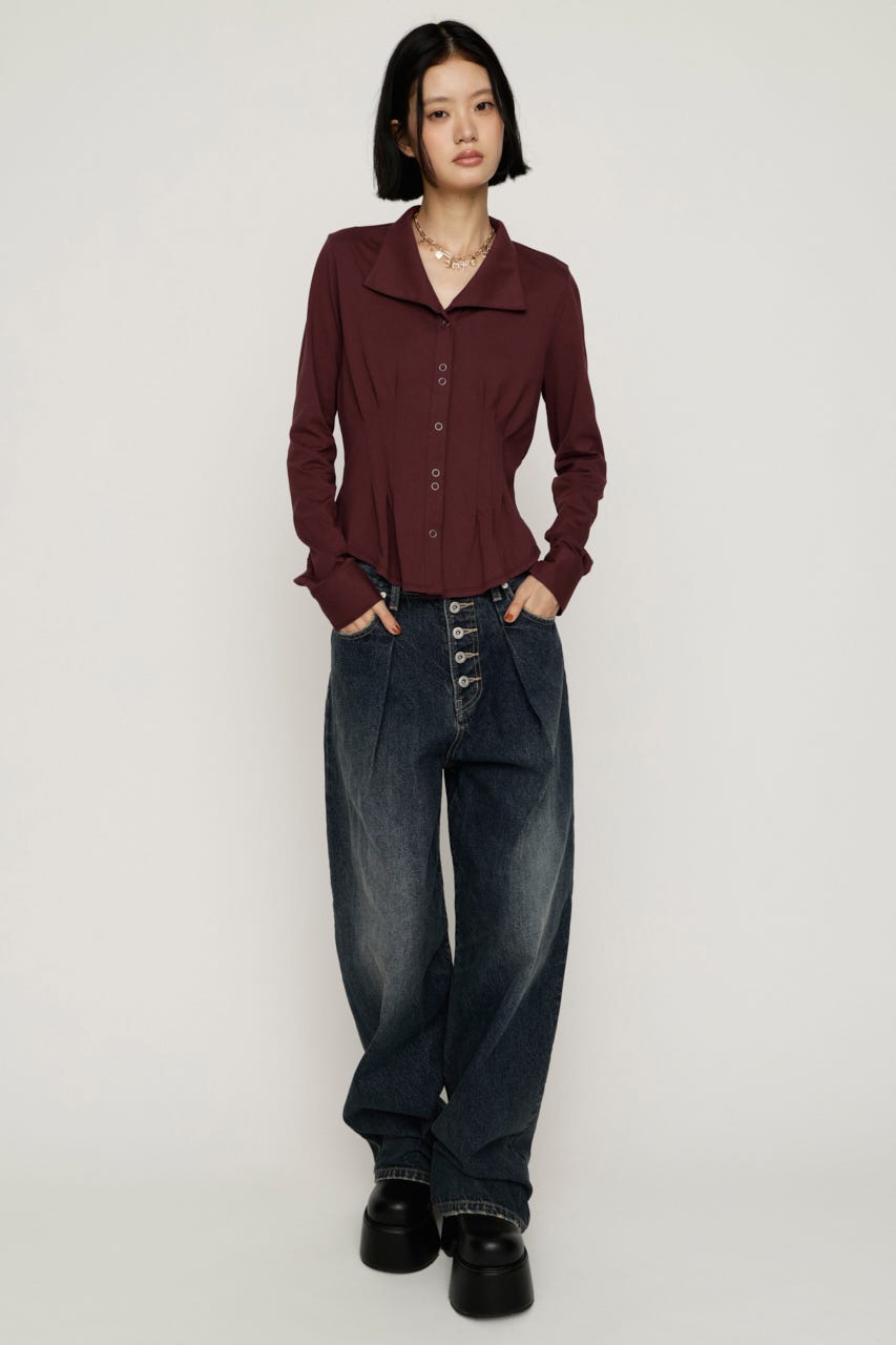 OPEN COLLAR TUCKED シャツ D/RED FREE