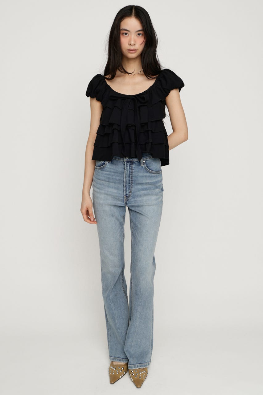 FRILL CUT RIBBON トップス BLK FREE
