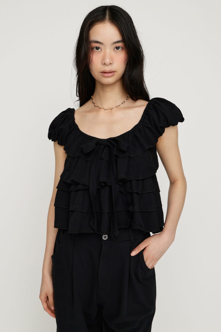 FRILL CUT RIBBON トップス BLK FREE