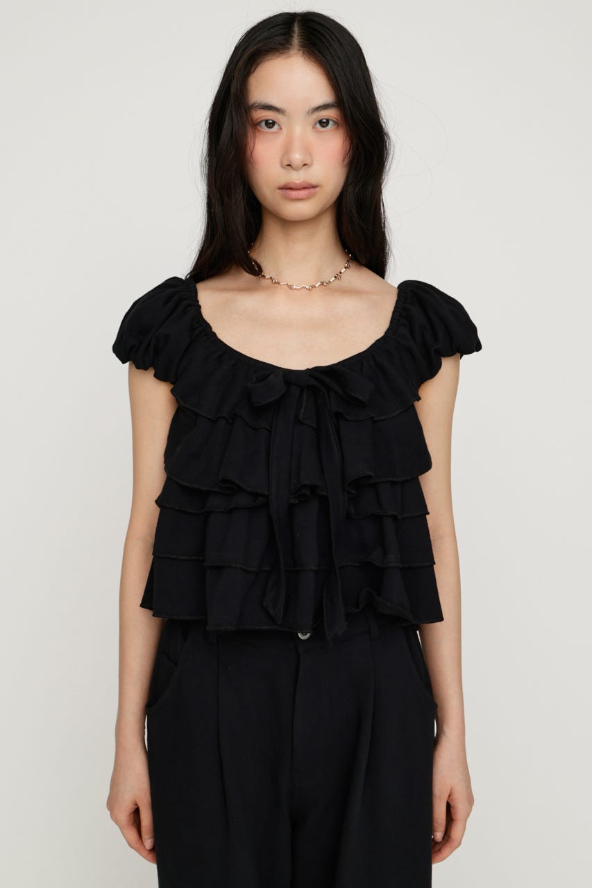 ANDWANG Couture Frill Ribbon Tops ブラック SLY | FRILL CUT RIBBON トップス (Tシャツ・カットソー(半袖) ) |SHEL