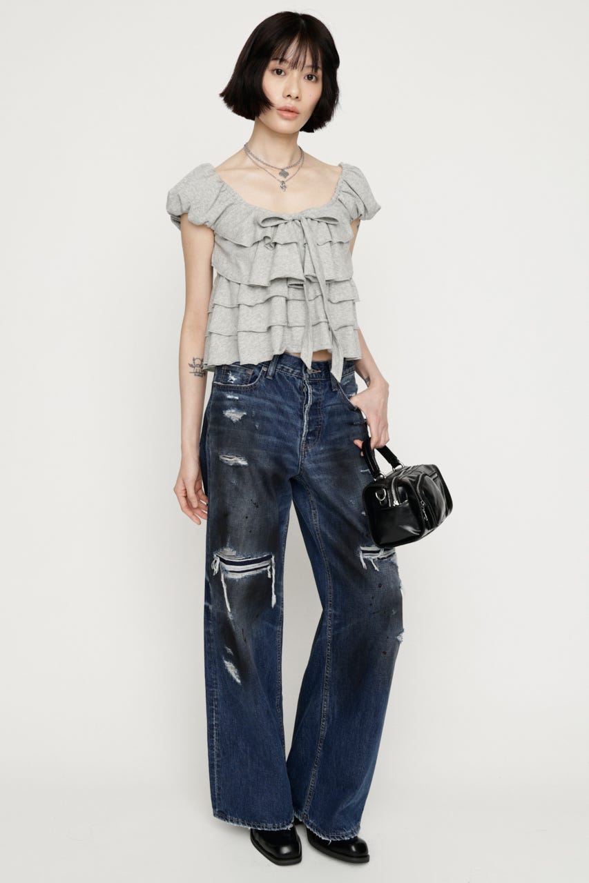 FRILL CUT RIBBON トップス T.GRY FREE