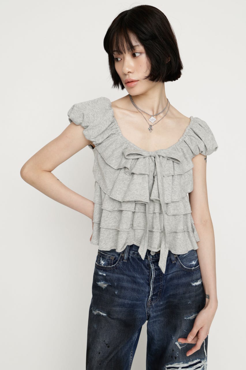 FRILL CUT RIBBON トップス T.GRY FREE