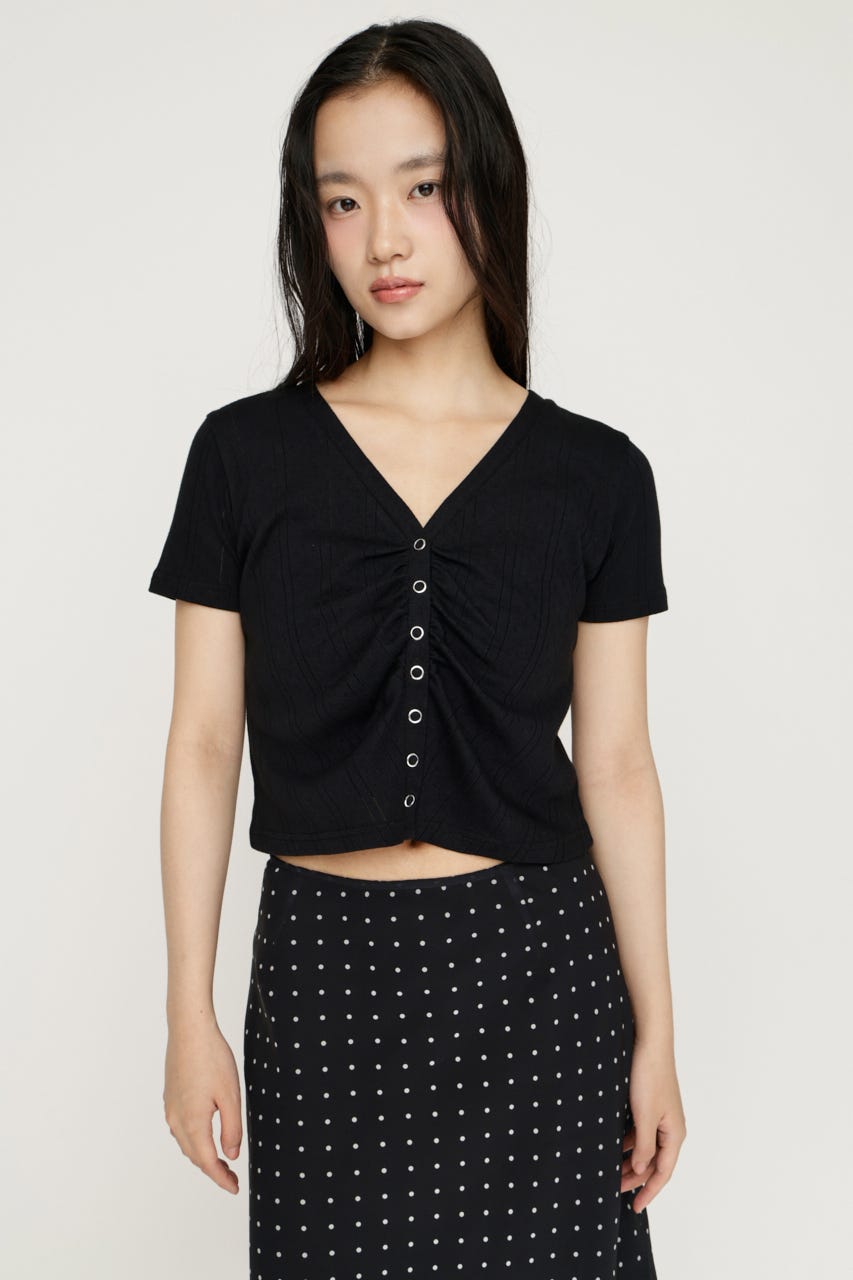 GATHER EYELET V／N カーディガン BLK FREE