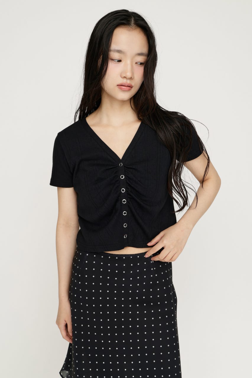 GATHER EYELET V／N カーディガン BLK FREE